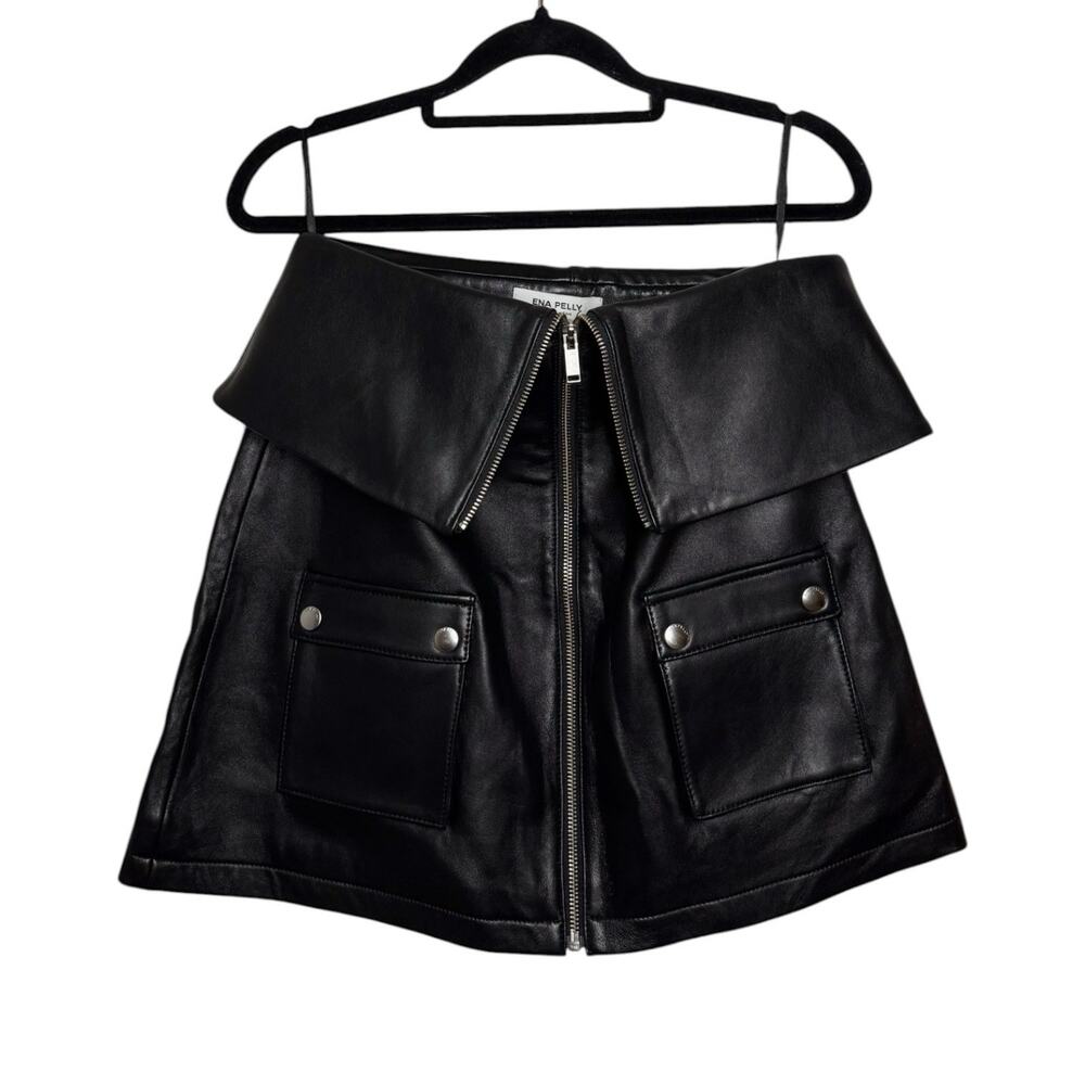 Ena Pelly Black Leather Foldover Zipper Moto Mini Skirt - 4